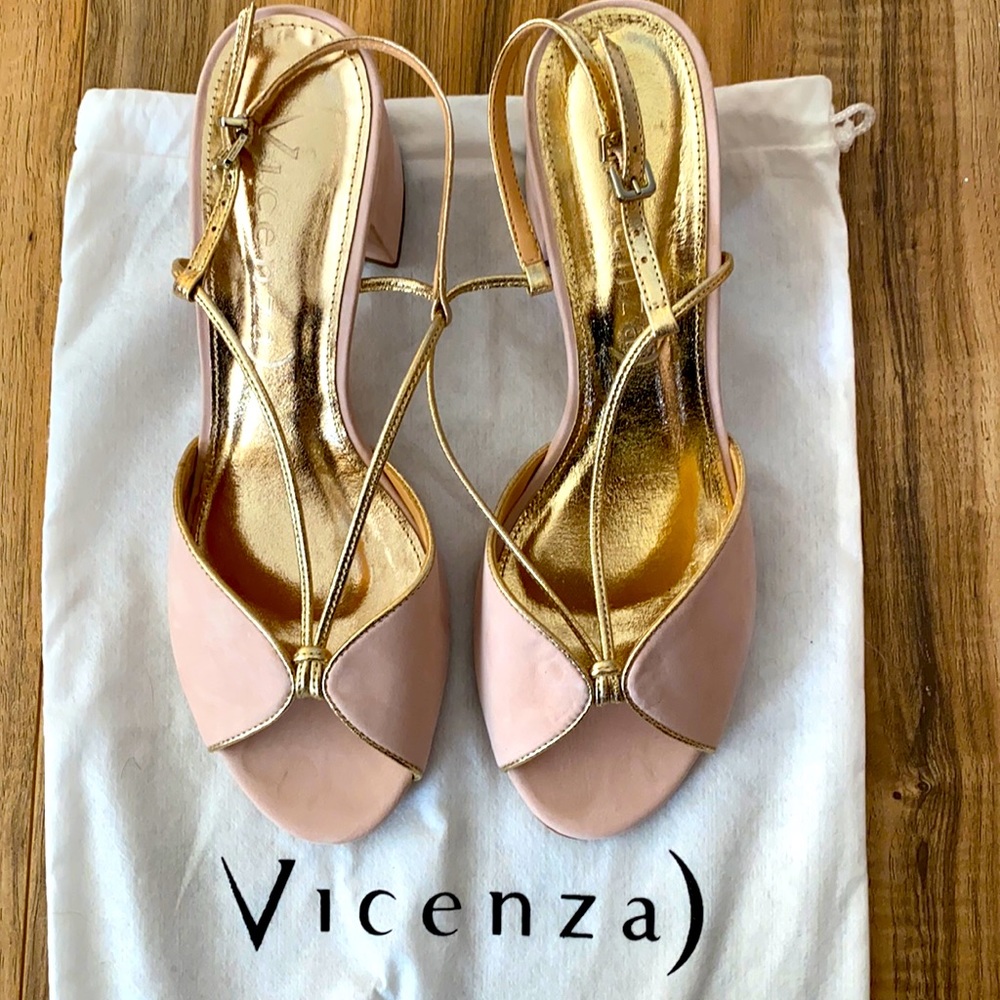 Pale pink + gold strappy heels from BHLDN. NWT box + shoe bag